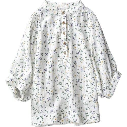 FairyNatural Women Rustic Little Flowers Print Shirt Stand Collar Cotton Yarn Ladies Mori Girl Casual Tops 2021 Spring Autumn