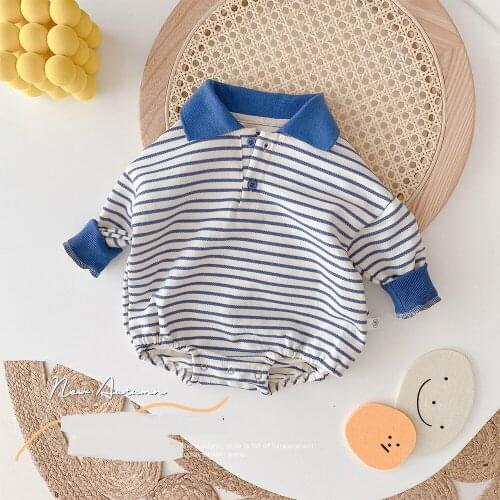 Infant Girls Long Sleeve Lapel Collar Striped Print Baby Boys Cotton Bodysuits Kids Casual Rompers Toddler Outfits