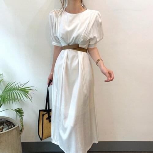 JSXDHK Fashion Chic Summer White Dress 2021 Elegant Women O Neck Puff Sleeve Ladies Lace Up Bow Loose Waist Long Dress Vestidos