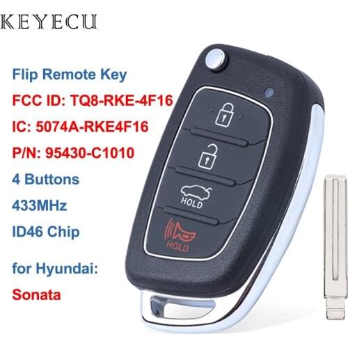 Keyecu Flip Remote Car Key 4 Buttons 433MHz ID46 for Hyundai Sonata 2014 2015 2016 2017 FCC ID: TQ8-RKE-4F16, P/N: 95430-C1010