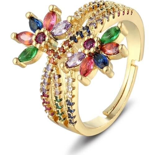 Multi-layer Rainbow Flower Adjustable Rings Luxury Cubic Zirconia Crystal Opening Finger Rings For Women Statement Jewelry Gift