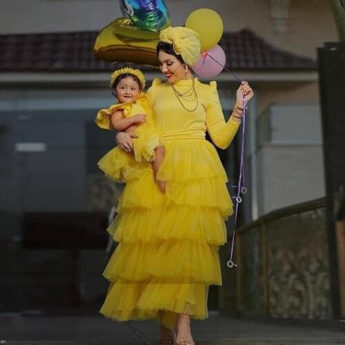 Lovely Yellow Layered Prom Dresses High Collar Long Sleeve Tier Tulle Ankle Length Cocktail Party Gown Arabic Dubai Formal Wears
