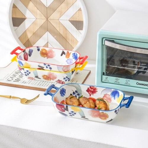 Manhua season series hand-painted ceramic handle baking tray baking bowl creative baked rice baking tray Western food tray home
