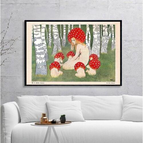 Mother Mushroom with her children Vintage art print Poster Mushroom wall art Woodland decor Antique forest Canvas Print Painting