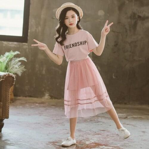 Fashion 5-12 Years Children Girls Clothes Set Summer Pink Cotton T-Shirt + Mesh Skirts 2 Pieces Kids Girls Dress