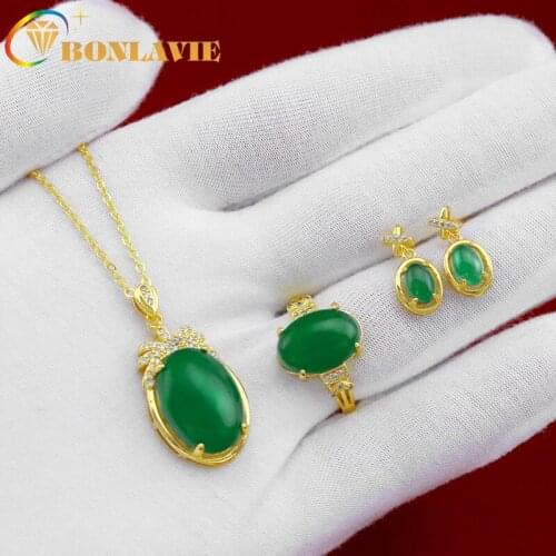 BONLAVIE Green Chalcedony Gemstone Jewelry Set Vietnam Sand Gold Micro-Set Ring Necklace Earrings Set Zircon Stud Earrings