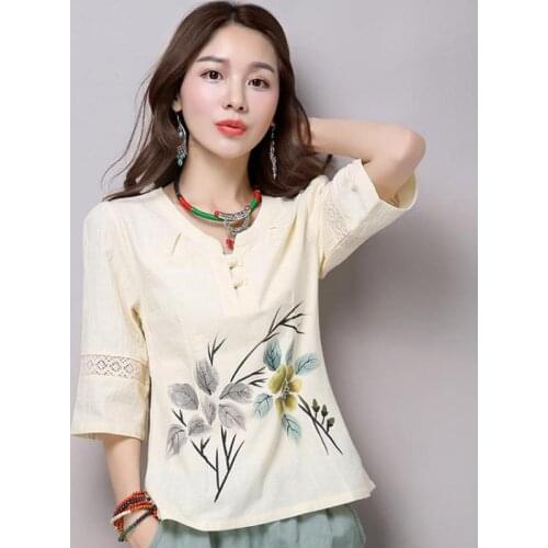 2021 New PLUS SIZE Women Flower Shirt Vintahe Improved Chinese Style Lady Tang Top Elegant Girl Casual Blouse M L XL 2XL 3XL
