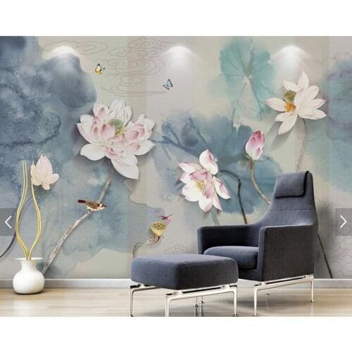 Chinese ink Lotus flower hand-painted flowers and birds wallpaper,living room TV sofa wall bedroom mural papel de parede