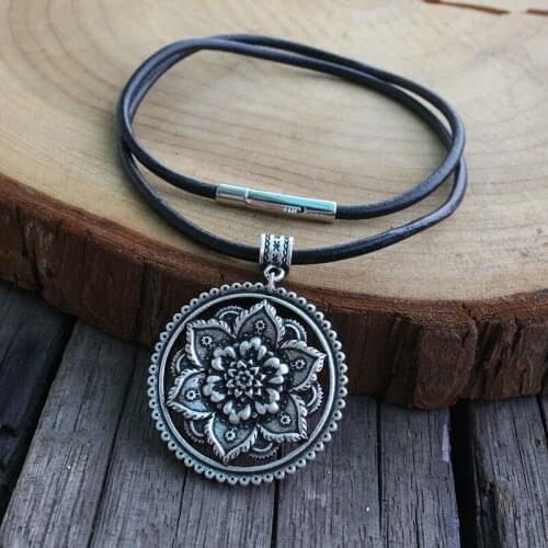 Mandala flower pendant necklace yoga jwelry with Genuine Leather Stainless Steel Clasp chain