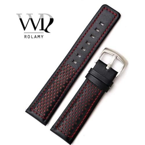 Rolamy 20 22mm Wholesale Black With Red Stitches High Quality Genuine Leather Replacement Watch Band Strap Belt