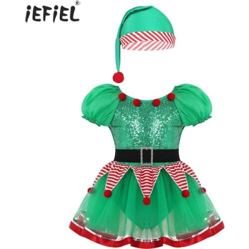 Baby Girl Elf Christmas Holiday Dress Kid Girl Santa Clause Costume Sequined Striped Mesh Dance Leotard Tutu Fancy Party Dress