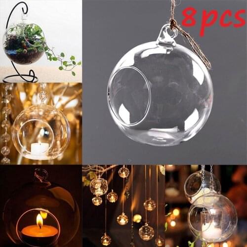 8Pcs 10/12cm Glass Transparent Candle Holder Hanging Tealight Globes Terrarium Wedding Candle Candlestick Vase Home Bar Decor