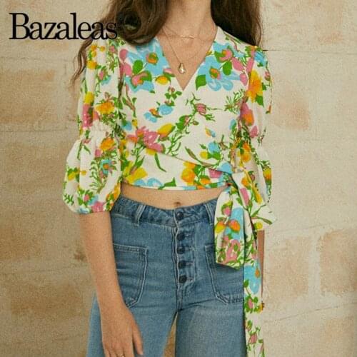 Bazaleas Vintage V neck Cropped blouse Fashion Green Yellow Floiral Print Women blouse Waist Bandage summer tops