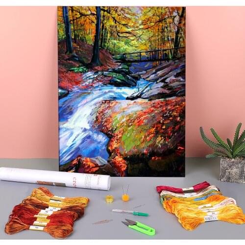 Landscape Stream Printed 11CT Cross-Stitch DIY Embroidery Complete Kit DMC Threads Needlework Craft Handiwork Wholesale