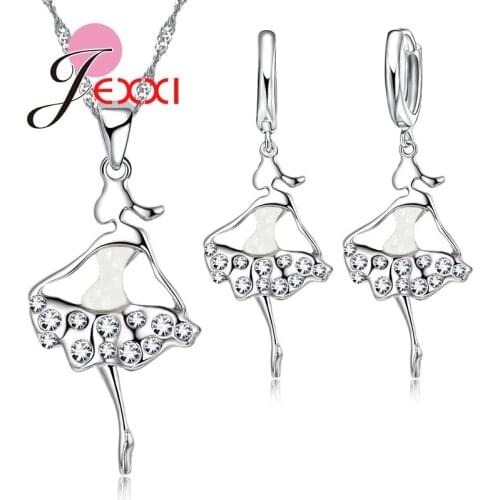 Top Quality New 925 Sterling Silver Necklace Earrings Jewelry Set Shiny Crystal Dress Ballet Dancing Girl Wedding Gift