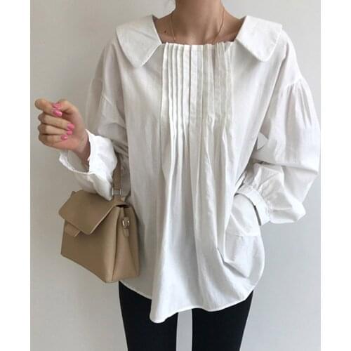 Korean Womens Elegant Shirt Loose Long Sleeves Wrinkled Solid Lapel Top For Girls Autumn Pullover Womens Tops And Blouses