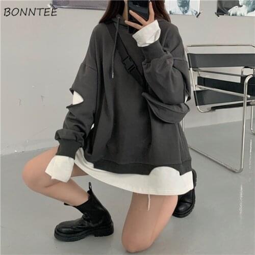 Hoodies Women Oversized Fake Two Piece Hole Full Sleeve Hooded Pullovers Bf Large Size 3XL Casual Couples Patchwork Students Hot