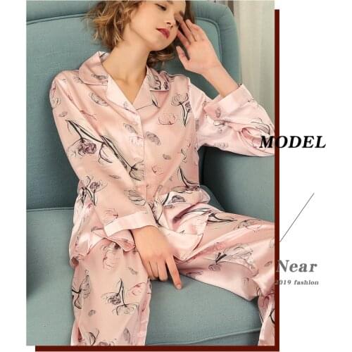Falaishuka Silk Pajamas Womens Summer Mulberry Silk Long-Sleeved Home Wear Two-Piece Suit Can Be Worn outside Spring Autumn