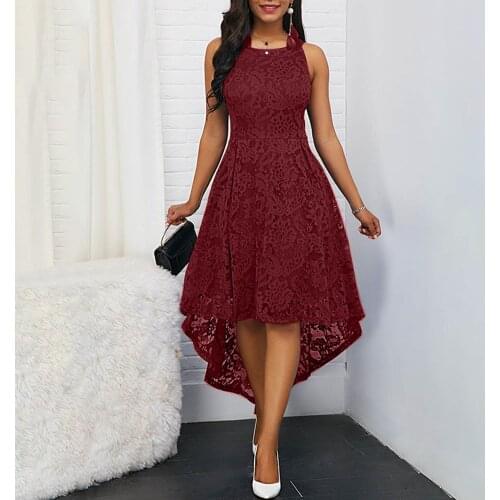 Floral Lace Women Solid Color Sleeveless Irregular Hem Formal Party Midi Dress