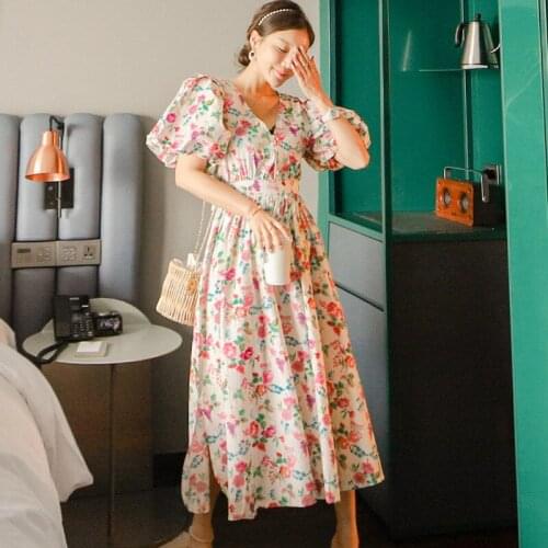 Fashion Summer Korean Vintage Puff Sleeve Maxi Party Dress Ladies Elegant Streetwear Robe Casual V-Neck Lace Print Beach Dress