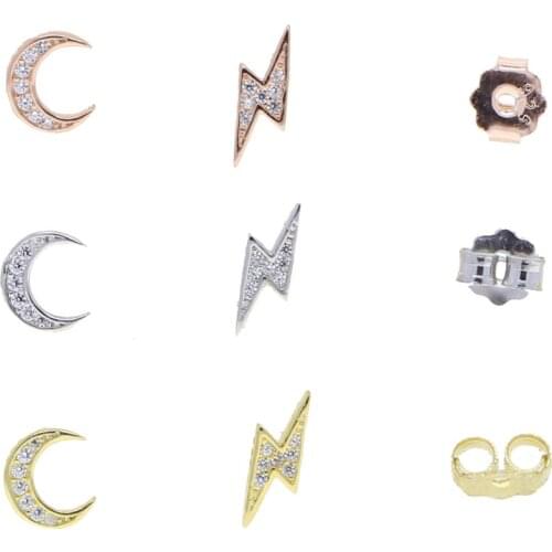 100% 925 Sterling Silver Christmas Gift For Girl Mismatched CZ Moon Lighting Stud Earring 3 Colors