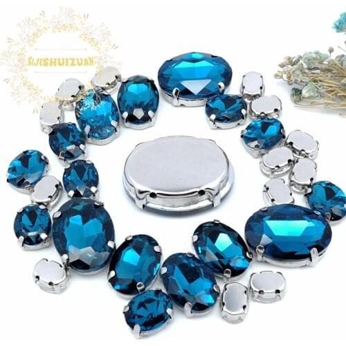 30pcs 5 SIZES NEW!!! MIX Peacock blue OVAL Size Crystal Glass Sew-on Rhinestones Silver Bottom DIY wedding decoration
