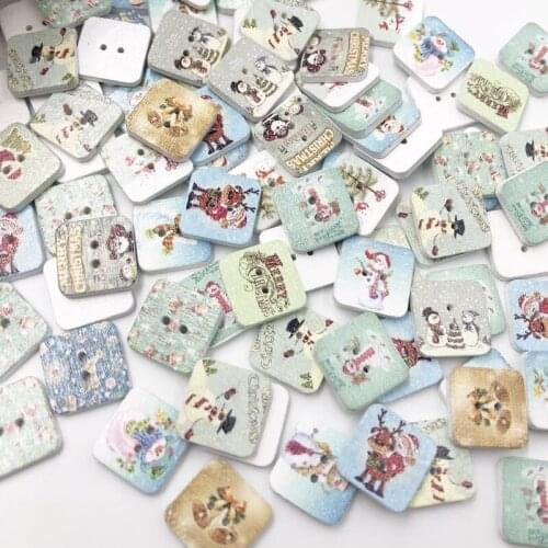 50pcs Mixed Christmas painted Square Wooden Buttons For Sewing Scrapbooking Crafts 15mm 2 Holes WA04