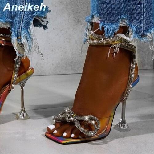 Aneikeh 2020 Summer New CRYSTAL Bling Butterfly-Knot PU Sandals Women Sexy Stiletto Heels Gladiator Zapatos De Mujer Pumps Shoes
