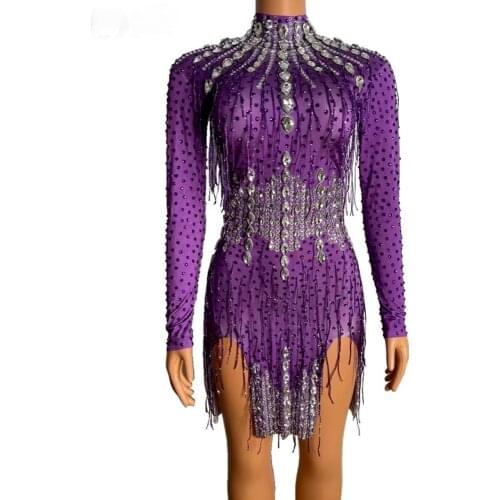 Sparkly Rhinestone Purple Fringes Short Dress Singer Dancer Costume Stage Wear Women Birthday Outfits for Women Sexy Club Party