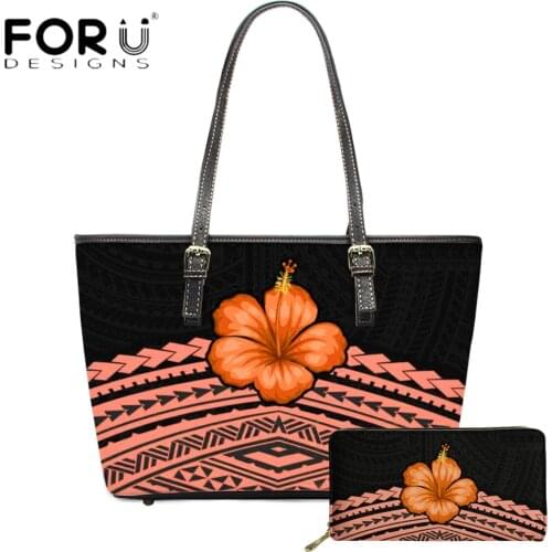 FORUDESIGNS Fashion Women Party Luxury Handbag And Wallet Hawaii Polynesian Hibicus Printing Casual Beach Large Capacity Bolsa
