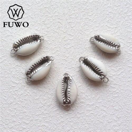 FUWO Natural Cowrie Shell Connector With Silver Plated Fashion Genuine Conch Pendants Beach Jewelry Supplies Wholesale PD548