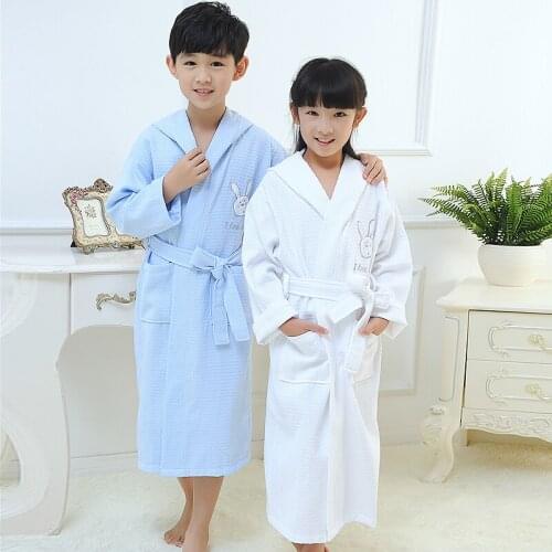 Kids Casual Homewear Summer Solid Thin Waffle Robe For Boy Girls Cartoon Rabbit Hooded Robe Cotton Bathrobe Soft халат банный