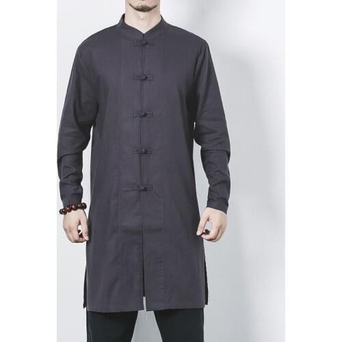 Chinese Style Big Size Cotton Linen Long Shirt MenS Casual Tang Suit Stand Collar Side Split Robe For Male 2021 Spring 30113