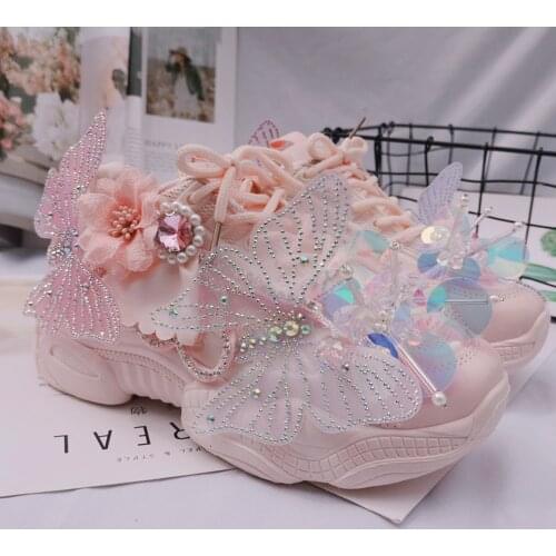 OLOMLB Womens Round Toe Sneakers Lace Up Rhinestones DIY Flowers Butterfly Shiny Girls Shoes Casual Sweet Pink Lolita New 2020