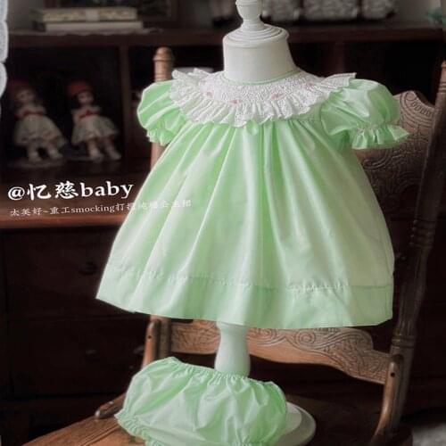 Baby girl summer vintage Handmade smocking princess dress kids puff sleeve birthday party a-line dress
