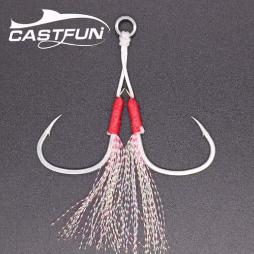 Slow Jigging Hook 1/0 2/0 3/0 4/0 5/0 Metal Jig High Carbon Steel Assist Jig Hook Solid Ring With Feather Fishing Accessories
