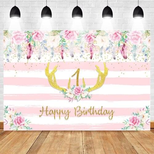 MOCSICKA Happy 1st Birthday Photography Backdrops for Children Colorful Flower Background Stripes Golden Photographic Backdrop