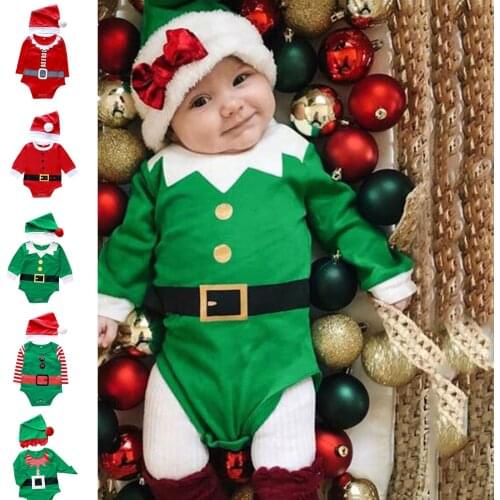 Fashion Newborn Infant Baby Girls Boys Long Sleeve Christmas Printed Long Sleeve Romper Jumpsuit+Hat Outfits Sets Costume#p4