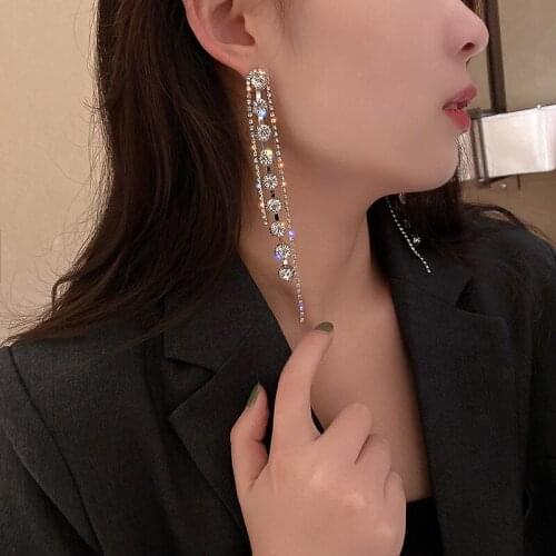 Korean Trendy Exaggerated Rhinestone Pendant Long Earrings Contracted Temperament Piercing Earrings Women Fashion Jewelry