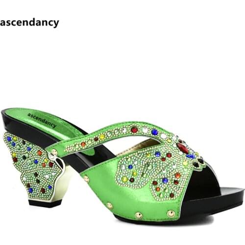 Latest Green Women Slipper Elegant African Women Pumps Shoe for Party High Quality Italian Women Party Shoe Decorated with Stone