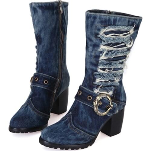 Choudory 2017 New Arrival Mid-calf Blue Jeans Boots Cool Appliques Denim Boots For Women Short Cowboy Boots Shoes Woman
