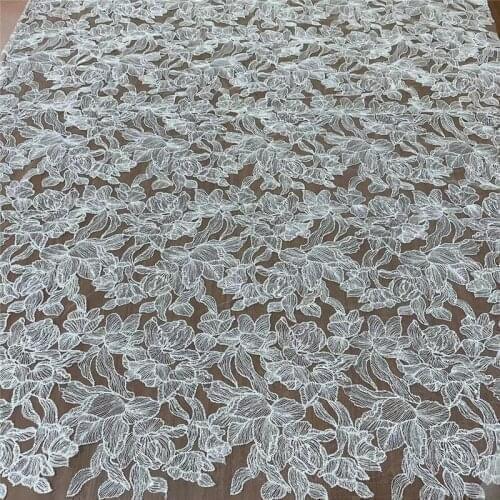 LFY New style Off white Mesh Embroidery lace Fabric with clear Sequins Fashion Dress Wedding Dress Lace fabric 1 Yard