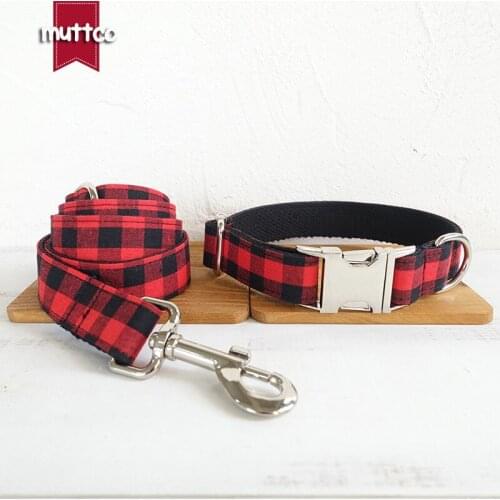 MUTTCO dog collar leash set convenient to walk the dog THE RED BLACK PLAID handmade leash set for pet custom puppy collar UDC074
