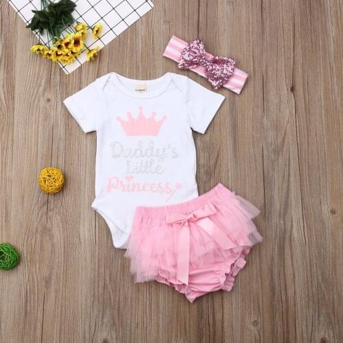 0-24M Infant Clothes Baby Girl Daddys Little Princess Short Sleeve T-Shirts Romper +Tutu Shorts Kid Outfit Girls 3PCS Set