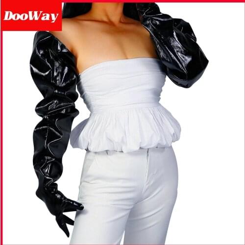 DooWay Fashion Extra Long Faux Leather Gloves for Women PU Oversized Wide Large Puff Sleeves 34 inches Shiny Black