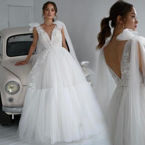 Beach Wedding Dresses 2021with Long Sash V neck Applique Tulle Beach Beach Floor Length Bride Dress