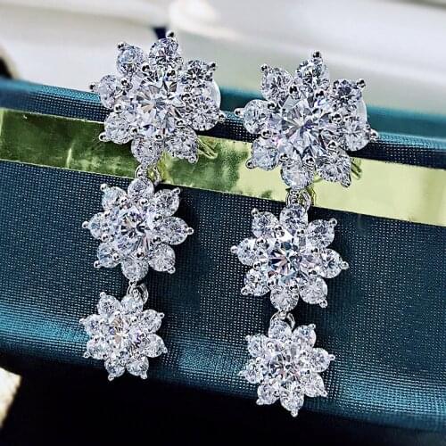 Sparkling 100% 925 Silver Full High Carbon Diamond Three Flowers Drop Earrings For Women Party Fine Creativity Jewelry