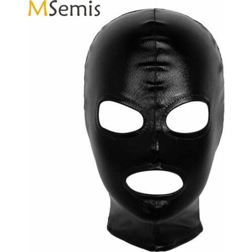 Women Men Sex Game Cosplay Latex Headgear Shiny Metallic Open Eyes Mouth Face Cover Adjustable Blindfold Sexy Roleplay Accessory