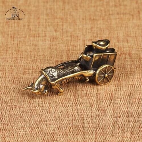 Vintage Ornament Bull Pull Vehicle Figurines Copper Chinese Folk Feng Shui Crafts Home Decorations Accessories Bring Good Luck