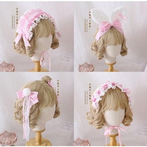 Japanese Rabbit Ears Lolita Hair Clip kc Hair Hoop Cute Pink White Plaid Edge Clip Hairband Handwork Hair Ornaments Cosplay